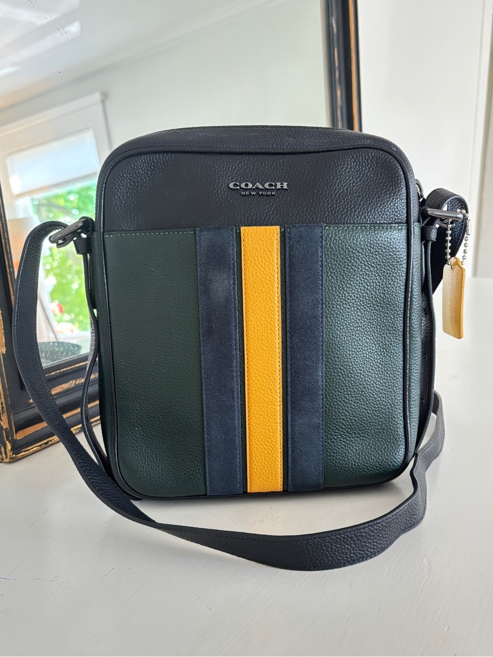COACH Hudson Crossbody 21 Varsity Stripe Leather Messenger Bag